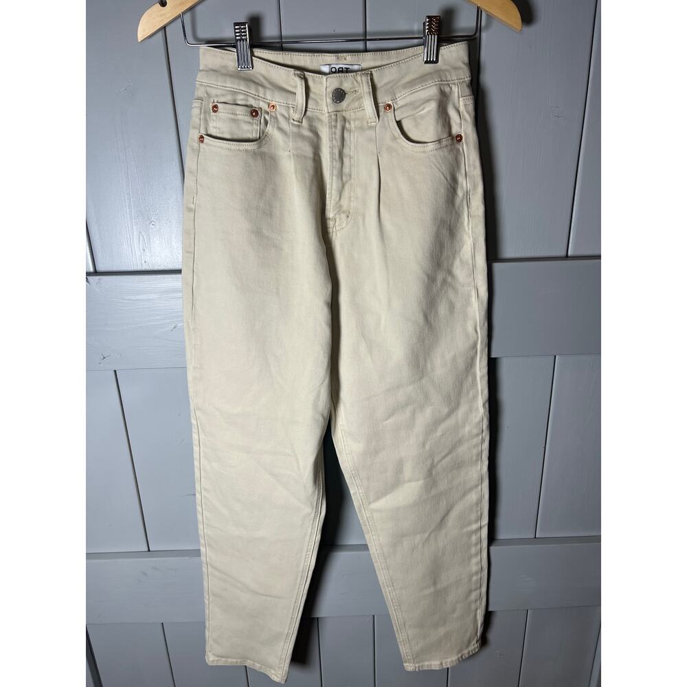 Oat Women's Cream Colored Straight Leg Pleated Denim Blue Jeans Size 25